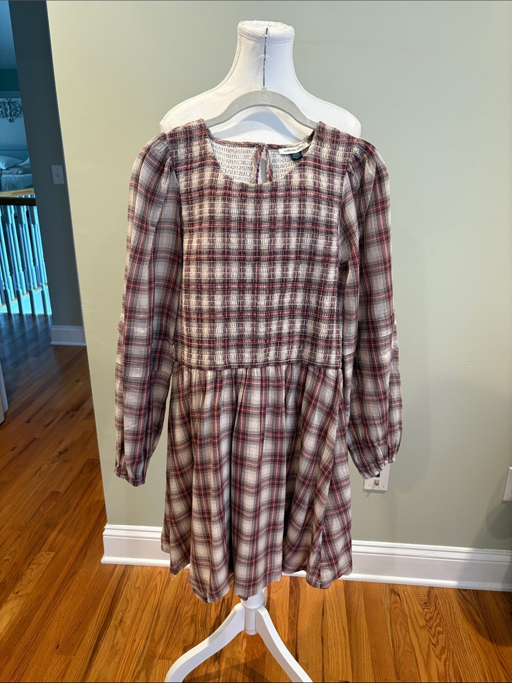 American Eagle Outfitters Burgundy and Cream Plaid Smocked Waist Dress